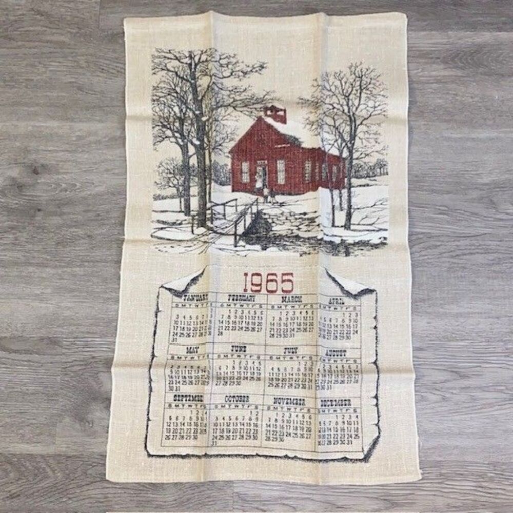 Vintage 1965 Stevens Kitchen Linen Calendar Tea Towel Little Red School USA Made